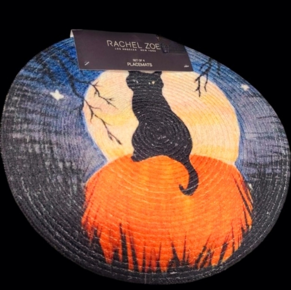 Set of 4 15" BLACK CAT Halloween MOON Stars PUmpkin Placemats By Rachel Zoe New - Picture 4 of 4